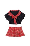 Womens School Girls Uniforme Sexy Cosplay Costumes pour Dames Wetlook Top avec Plaid Mini Jupe-Noir Rouge,M