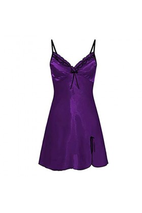 Women Sling Lace Sleepwear Female New Sexy V Neck Nightdress Ladies Sexy Nightdress Sleepwear-Purple,L