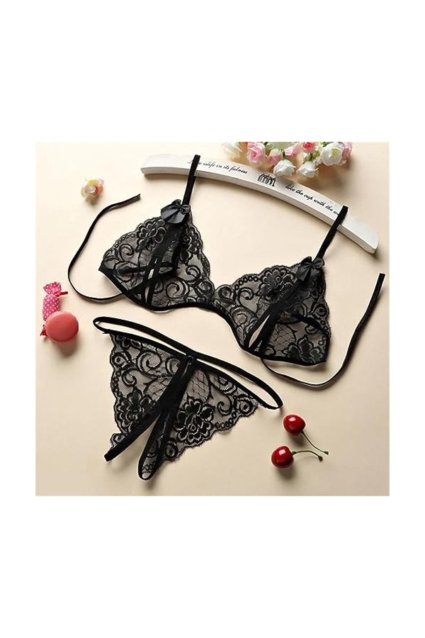 SAAKO femmes Bustier Sexy dentelle Corset maille vêtements de nuit transparents noir moulante combinaison G String String Lin