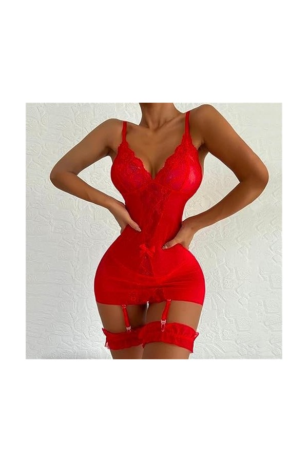 SAAKO femmes Bustier Sexy dentelle Corset maille vêtements de nuit transparents noir moulante combinaison G String String Lin