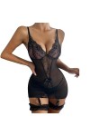 SAAKO femmes Bustier Sexy dentelle Corset maille vêtements de nuit transparents noir moulante combinaison G String String Lin