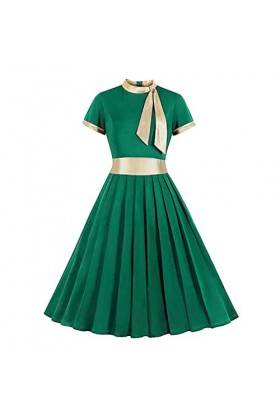 Robe Audrey Hepburn De Soiree Femme Chic - Robe Élégante Plissée À Col Montant pour Femme avec Nœud en Soie Jupe Plissée Écos