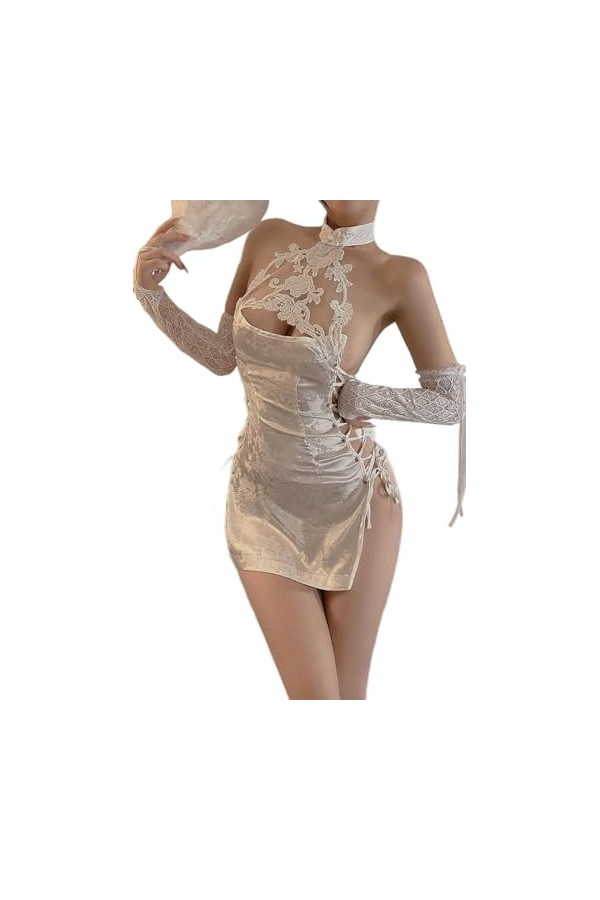 SINROYEE Lingerie sexy pour femme - Robe Cheongsam chinoise - Lingerie Qipao - Nuisette - Robe de club costume blanc 