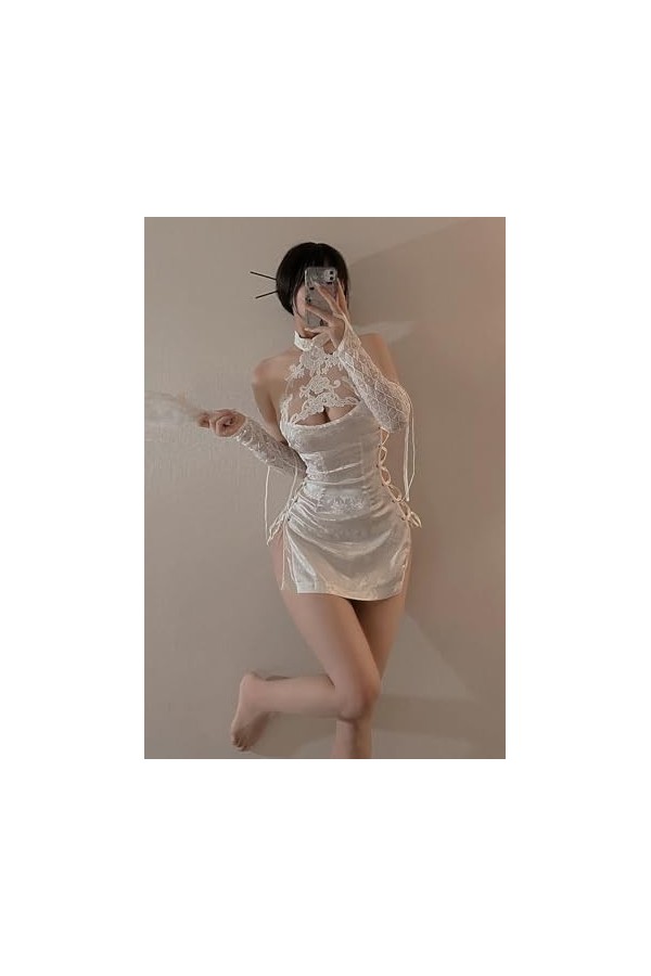 SINROYEE Lingerie sexy pour femme - Robe Cheongsam chinoise - Lingerie Qipao - Nuisette - Robe de club costume blanc 