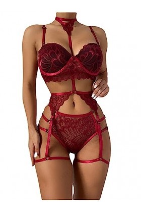 Bas basEnsemble Trois pièces de Lingerie érotique moiré Sexy Femme Trois pièces, Rouge, 3XL