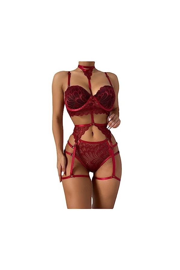 Bas basEnsemble Trois pièces de Lingerie érotique moiré Sexy Femme Trois pièces, Rouge, 3XL