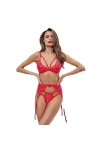 LatexEnsemble de Lingerie érotique Sexy Femme Trois pièces, Rouge, M