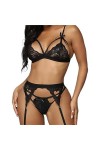 Tissu en mailleSexy Deep V Crop Top Chaussettes Lingerie érotique Trois pièces, Noir, M