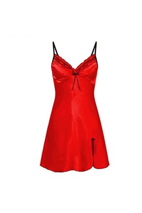Women Sling Lace Sleepwear Female New Sexy V Neck Nightdress Ladies Sexy Nightdress Sleepwear-Red,S