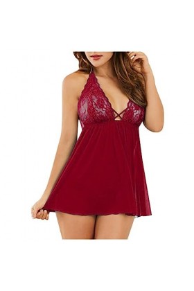 sous-vêtements Femmes Dentelle Babydoll Sexy Lingerie Poupée Chemise de Nuit String Ensemble Dames Pyjamas XL-Rouge,XXXL