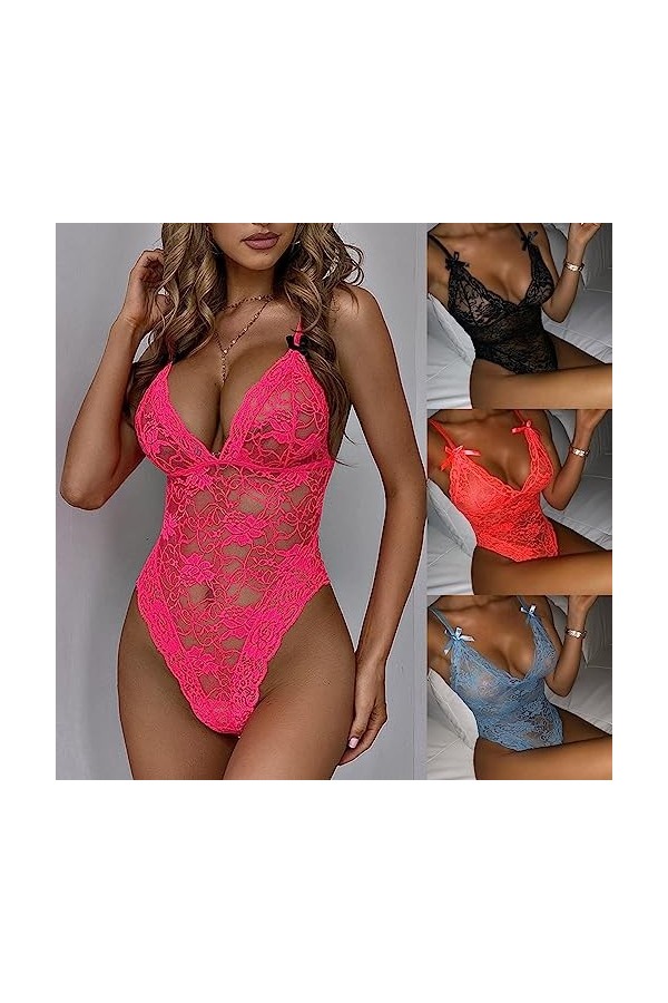 Body Femme Sexy en Dentelle Florale Lingerie Sexy Pyjama Une Pièce Body à Découpe-Orange,S