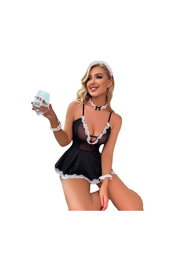 WEITING Sexy Womens Maid Cosplay Costume Lingerie Costume Vêtements de Nuit Sheer Mesh Patchwork Dentelle Garniture Profonde 