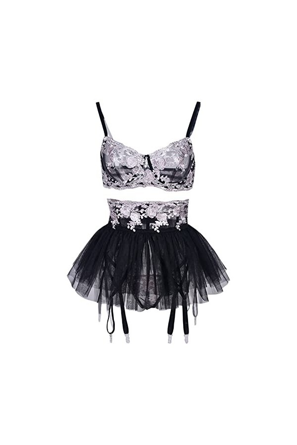 UOWEG sous-vêtements érotiques Maille Floral Contraste Couleur rosée Poitrine Costume Sexy Moelleux Jupe Trois pièces Ensembl