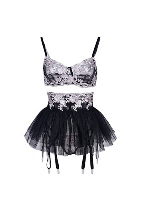 UOWEG sous-vêtements érotiques Maille Floral Contraste Couleur rosée Poitrine Costume Sexy Moelleux Jupe Trois pièces Ensembl