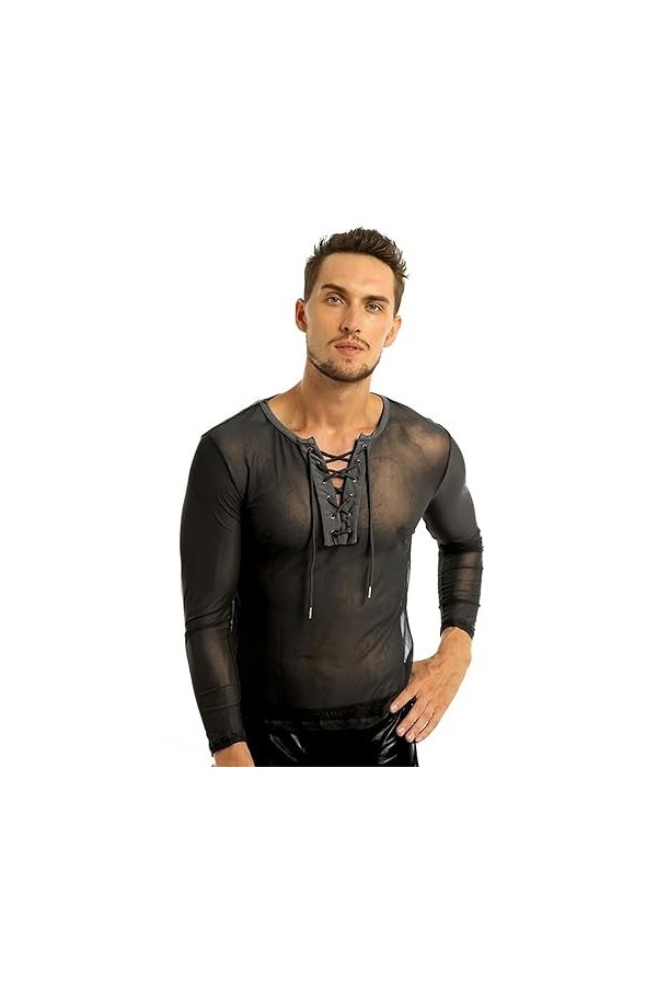 T-Shirt à Manches Longues en Maille à Lacets pour Hommes Costumes de Tenue de Club Sexy Maillots de Corps Hauts en Résille-No