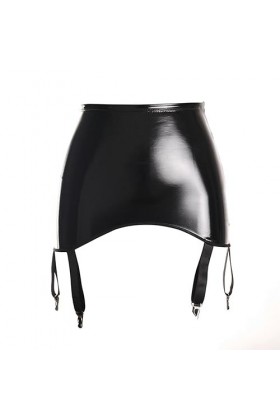 WILsem Porte-jarretelles en cuir synthétique brillant avec bretelles en cuir verni, taille haute, boucle en métal couleur bri