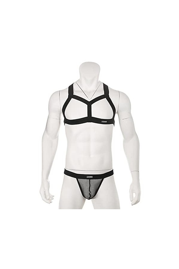 Ensemble de Bretelles pour Hommes Bretelles Élastiques String en Maille G String Bretelles Costume de Scène Sexy-Noir,XL 31-3