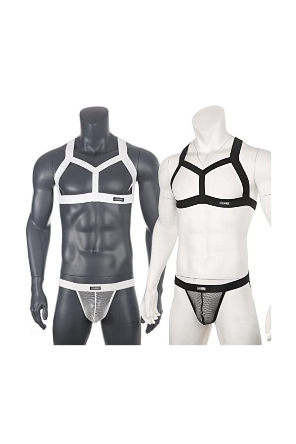 Ensemble de Bretelles pour Hommes Bretelles Élastiques String en Maille G String Bretelles Costume de Scène Sexy-Noir,XL 31-3