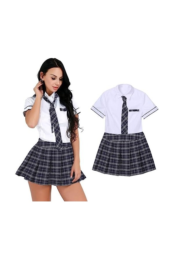 WEITING Lingerie Sexy Uniforme détudiant Japonais Costume Chemise à Manches Courtes avec Jupe à Carreaux et Cravate School G