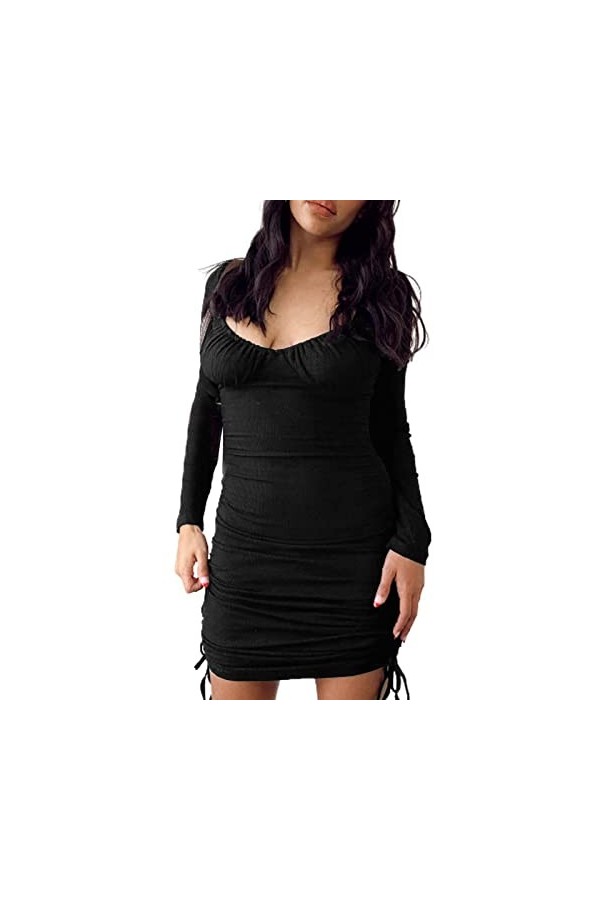 NHNKB Mini robe sexy à manches longues et col en V pour femme - Grande taille, rouge, S