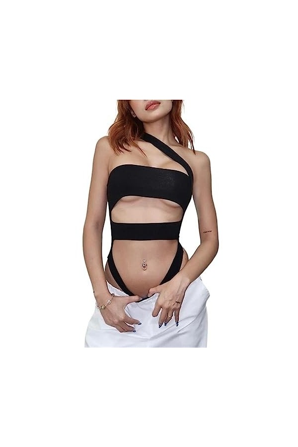 Générique String Body for Femmes Sexy Une épaule sans Manches découpé Body débardeurs Solides Moulantes Combinaisons Color :