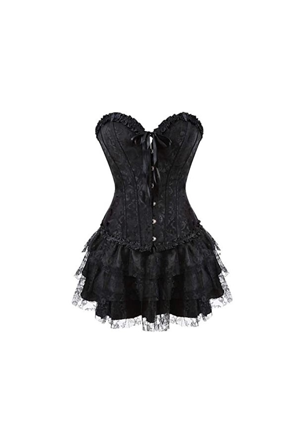 MENGQING Corsets Robe Grande Taille Gothique Overbust Corset Bustier Overbust Corselet Set Party Sexy Costume Burlesque-Noir-