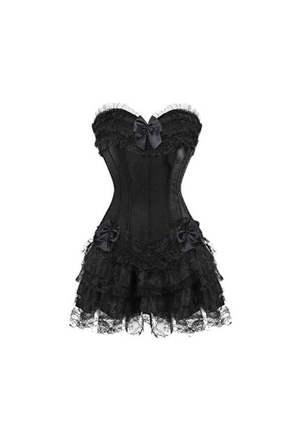 MENGQING Corsets Robe Grande Taille Gothique Overbust Corset Bustier Overbust Corselet Set Party Sexy Costume Burlesque-Noir-