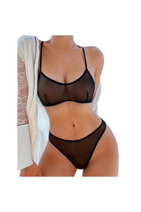 WEITING Ensemble soutien-gorge et culotte en maille transparente pour femme - Lingerie sexy noire unie - Lingerie bikini stri