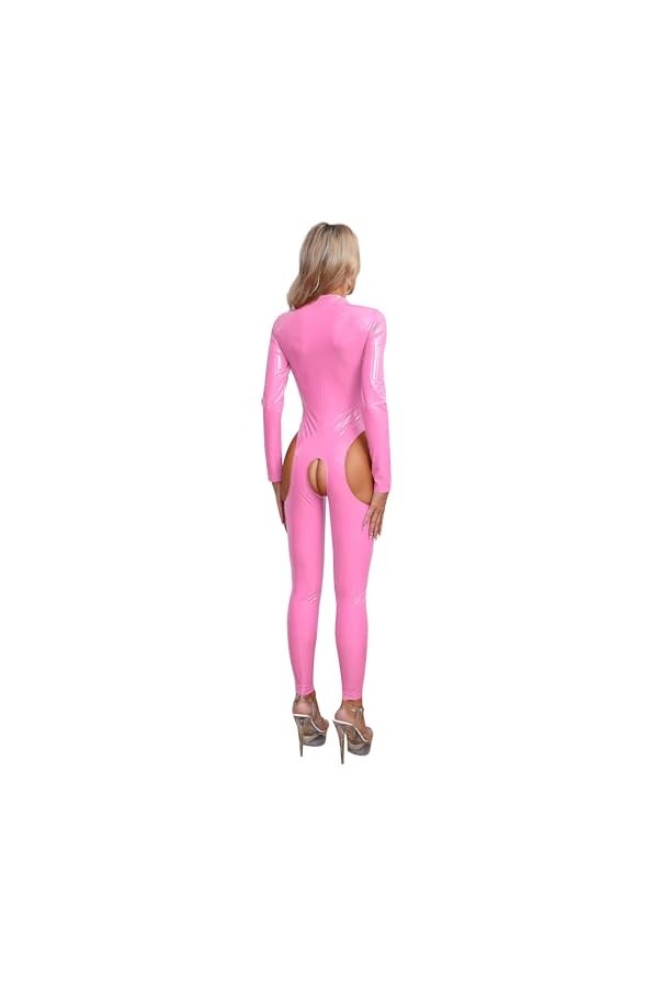Yeahdor Femmes Combinaison Body Catsuit Sexy Cuir Femme Coquine Erotique Vêtement de Nuit S-4XL Rose A 4XL