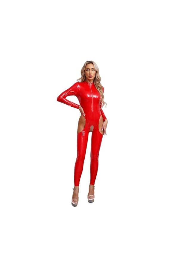 MSemis Jumpsuit pour Femme Catsuit Sexy Cuir Femme Coquine Erotique Ouvert Entrejambe Salopettes Romper S-4XL Rouge A 4XL