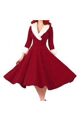 JIYAYUIX Robe de Noël à manches longues et col de cheveux sexy pour femme, Rouge, XL