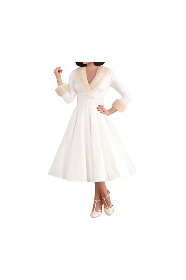 JIYAYUIX Robe de Noël à manches longues et col de cheveux sexy pour femme, Rouge, XL