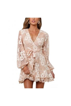 dsheng Robe élégante pour Femmes, Robe à Volants à Manches Longues à la Taille en V Profonde à la Mode 21 