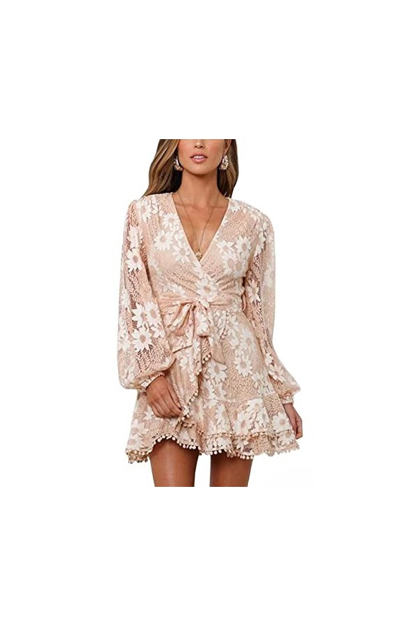 dsheng Robe élégante pour Femmes, Robe à Volants à Manches Longues à la Taille en V Profonde à la Mode 21 