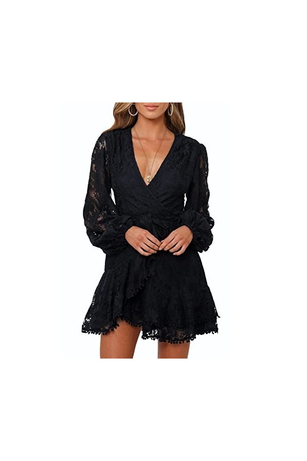 dsheng Robe élégante pour Femmes, Robe à Volants à Manches Longues à la Taille en V Profonde à la Mode 21 