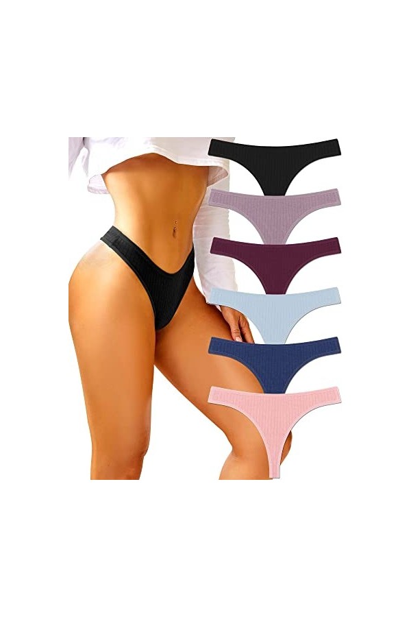 BeReady Lot de 6 strings pour femme - En coton - Sous-vêtements sexy pour femme - Culotte sexy - Pour femme - Tailles S à XL,