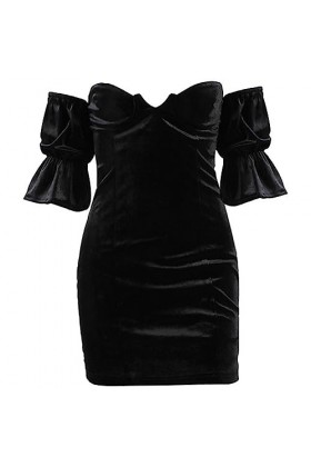 2023 New Vintage Sexy One-Line Neck Black Drress Femmes Slim Flared Sleeve Poitrine Enveloppé Taille Haute Mini Robes-Black,S