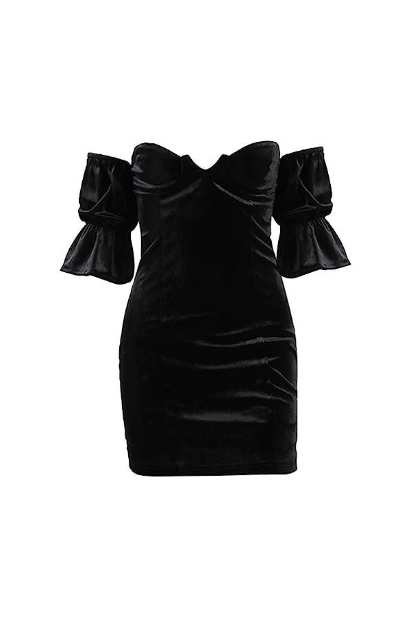 2023 New Vintage Sexy One-Line Neck Black Drress Femmes Slim Flared Sleeve Poitrine Enveloppé Taille Haute Mini Robes-Black,S