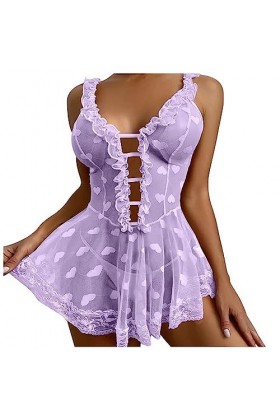 CHUNNUAN Sexy Femmes Lingerie Dentelle Pyjamas Pyjamas Pyjamas Col V Profond Poupée Fille À Volants Mini Robe Chemise De Nuit