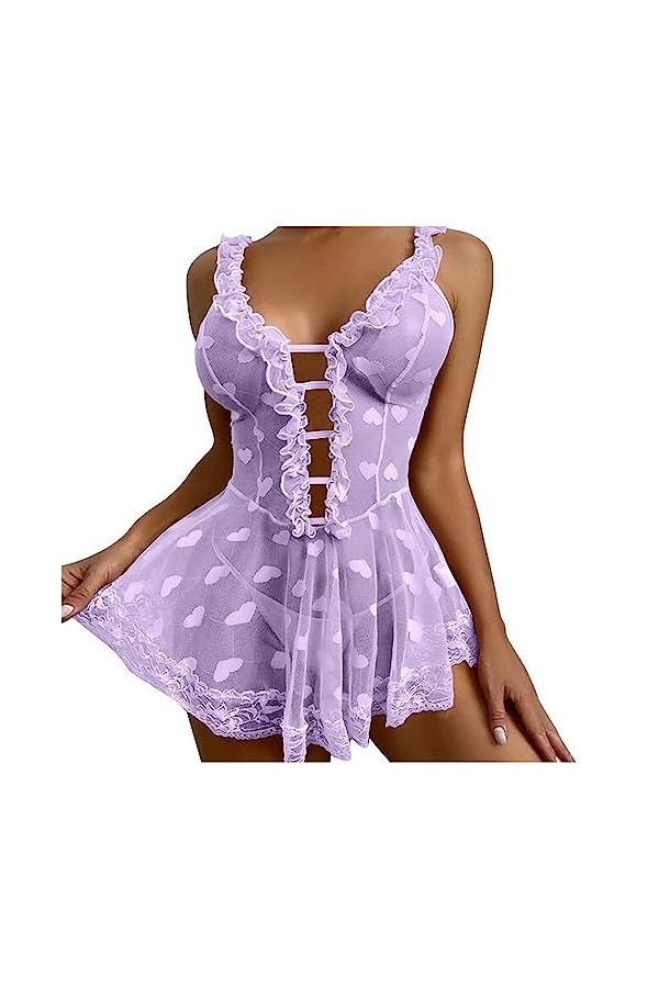 CHUNNUAN Sexy Femmes Lingerie Dentelle Pyjamas Pyjamas Pyjamas Col V Profond Poupée Fille À Volants Mini Robe Chemise De Nuit