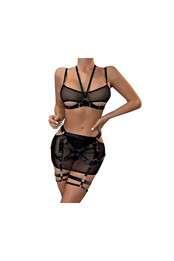 UOWEG Mode féminine Pure Color Bandage Mesh Splicing sous-vêtements Sexy avec des Anneaux de Jambe sous-vêtements Sexy Body S