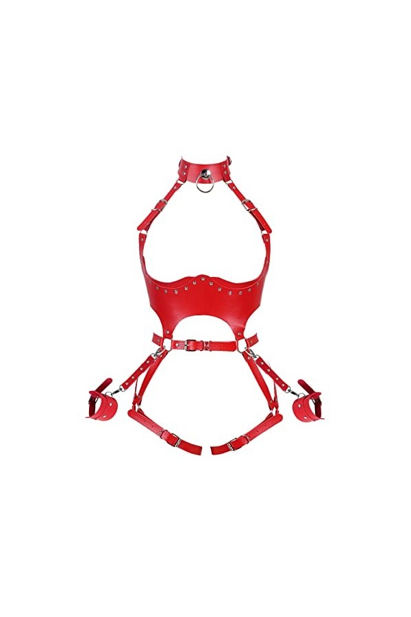 Harnais complet pour femme en cuir rouge taille porte-jarretelles Punk Photographie Danse Rock Halloween Sangle de poitrine C