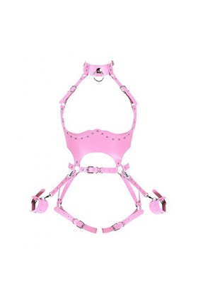 Femmes Plein corps harnais rose menottes en cuir taille porte-jarretelles Punk Photographie Danse Rock Halloween poitrine rav