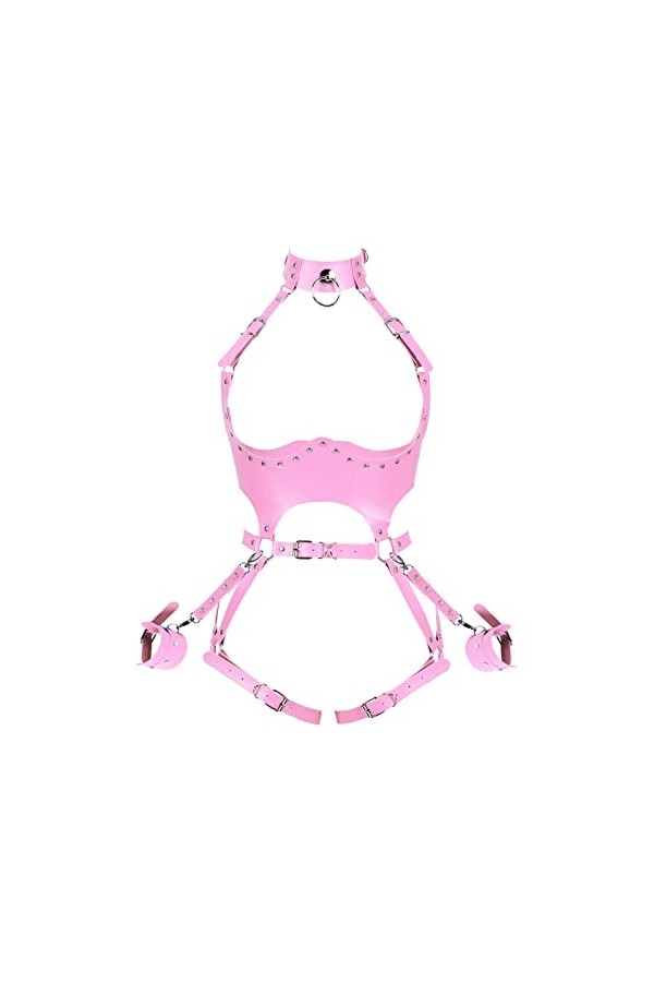 Femmes Plein corps harnais rose menottes en cuir taille porte-jarretelles Punk Photographie Danse Rock Halloween poitrine rav