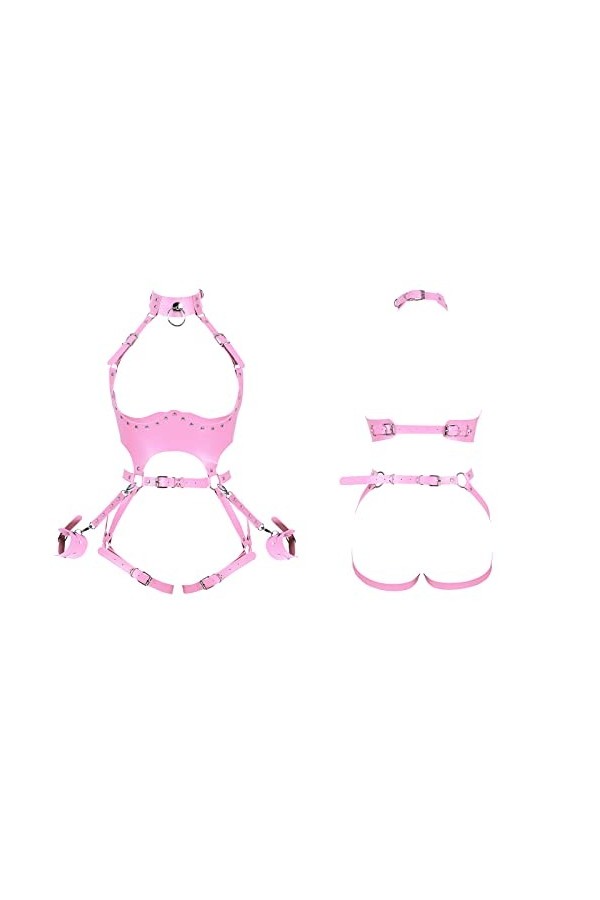 Femmes Plein corps harnais rose menottes en cuir taille porte-jarretelles Punk Photographie Danse Rock Halloween poitrine rav