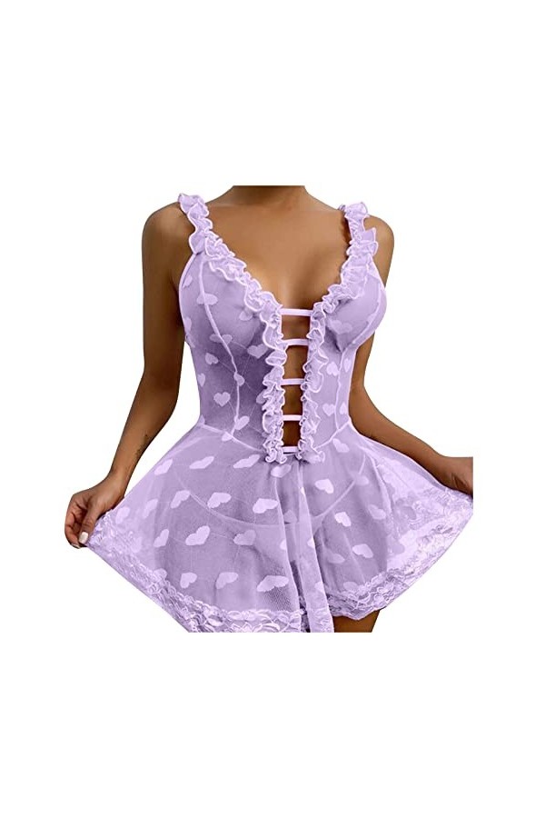 Ensemble de lingerie érotique sexy sexy en dentelle pour femme avec décolleté en dentelle sans string, lilas, M