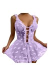 Ensemble de lingerie érotique sexy sexy en dentelle pour femme avec décolleté en dentelle sans string, lilas, M