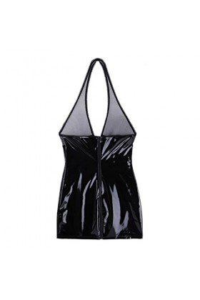 CHUNNUAN Sexy Lingerie Fermeture Éclair Boucle Latex Maigre Mini Robe Femmes Dos Nu Maille Panneau Robe Clubwear Soirée Robe 