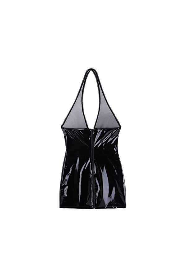 CHUNNUAN Sexy Lingerie Fermeture Éclair Boucle Latex Maigre Mini Robe Femmes Dos Nu Maille Panneau Robe Clubwear Soirée Robe 