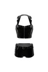 CABULE Costume en Cuir Verni pour Femme&nbsp;&nbsp;&nbsp;Col Revers Dos Nu Zippé Crop Top avec Short Chaud Wetlook Moto Sexy Clubwear-Noir,X